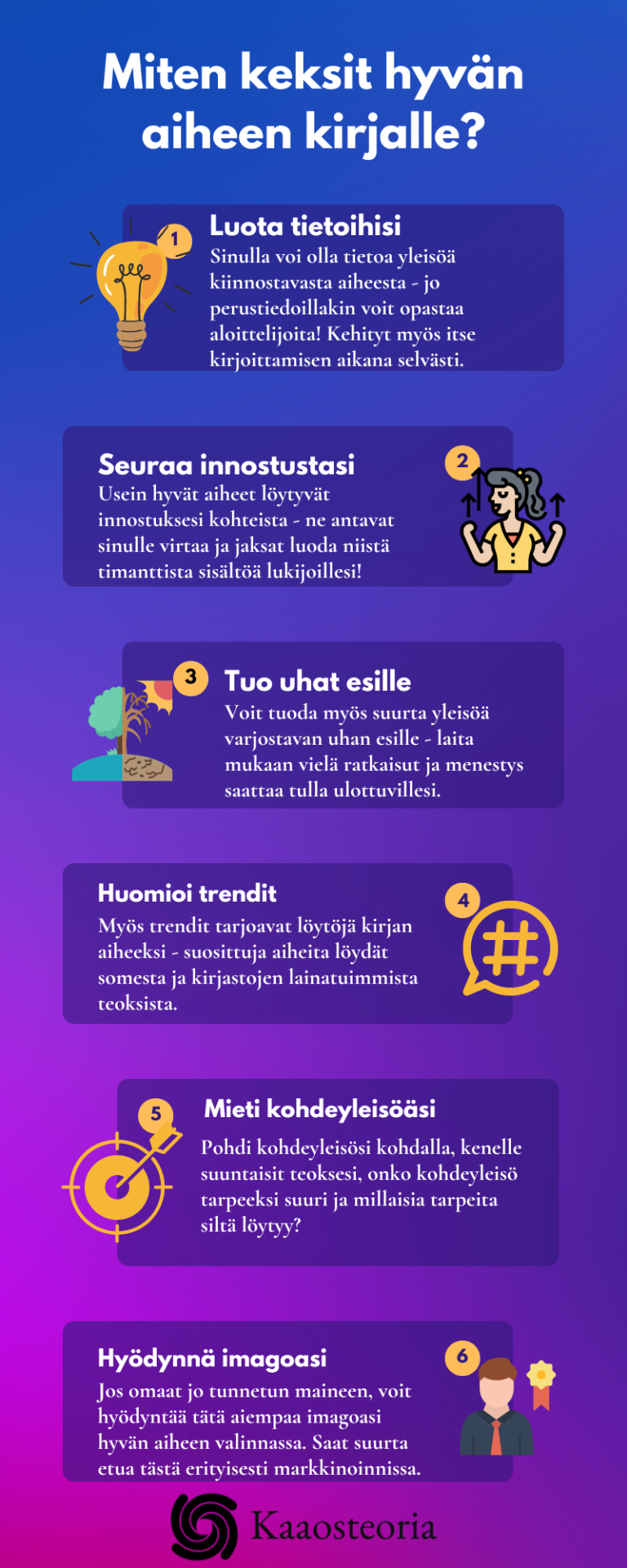 Miten keksit hyvän aiheen kirjalle?