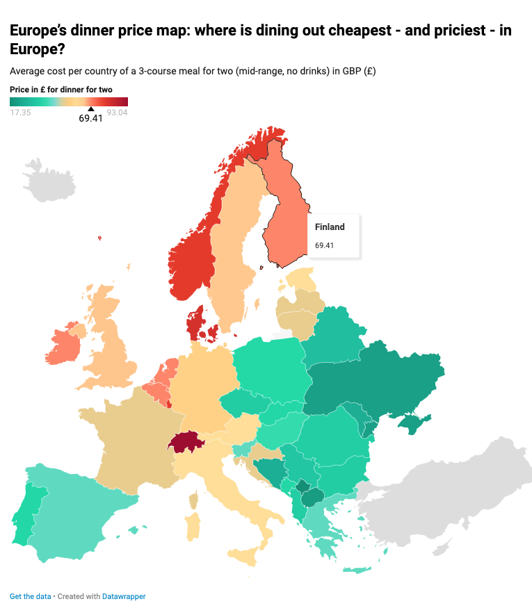 Euroopan illallisten hinnat kartalla